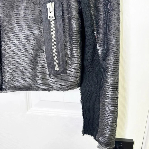REBECCA TAYLOR Size 4 Black Sequin Moto Jacket Grunge - Picture 5 of 8